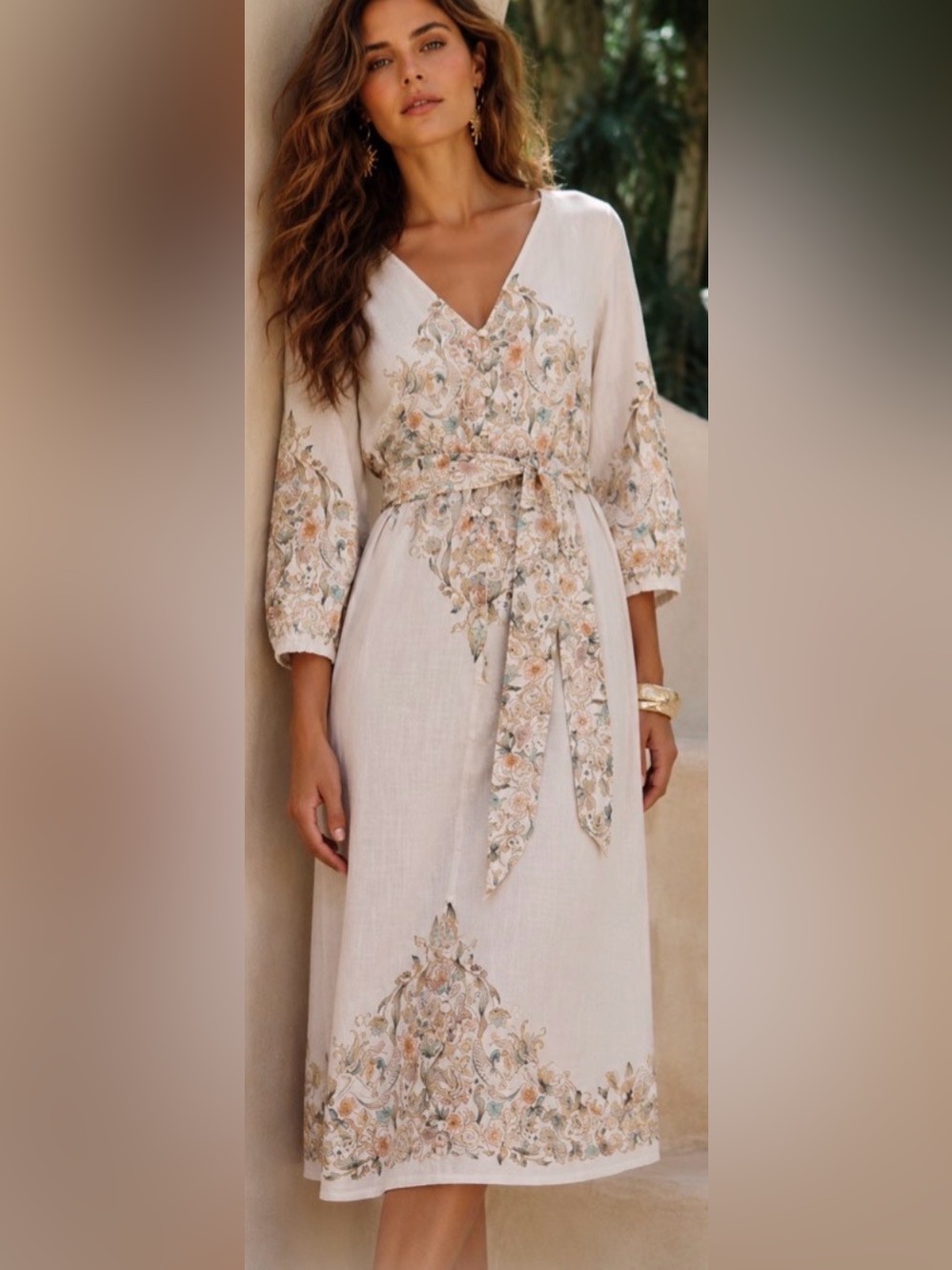 Cleobella Floral Embroidered V-Neck Cream Midi Dress with Waist Tie: Small
